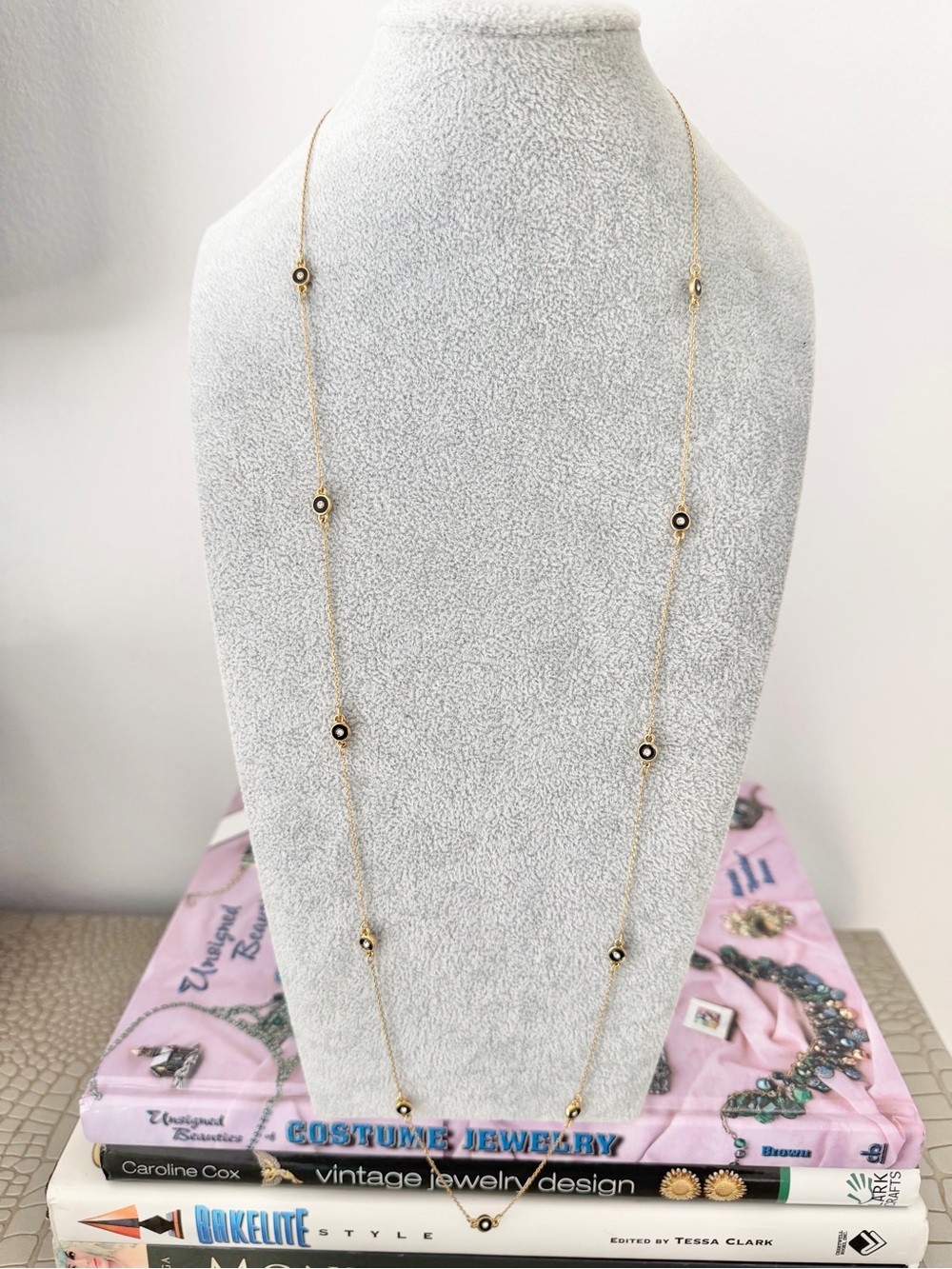 Ann Taylor Gold Tone Station Necklace With Black Enamel/Rhinestone Opera Length